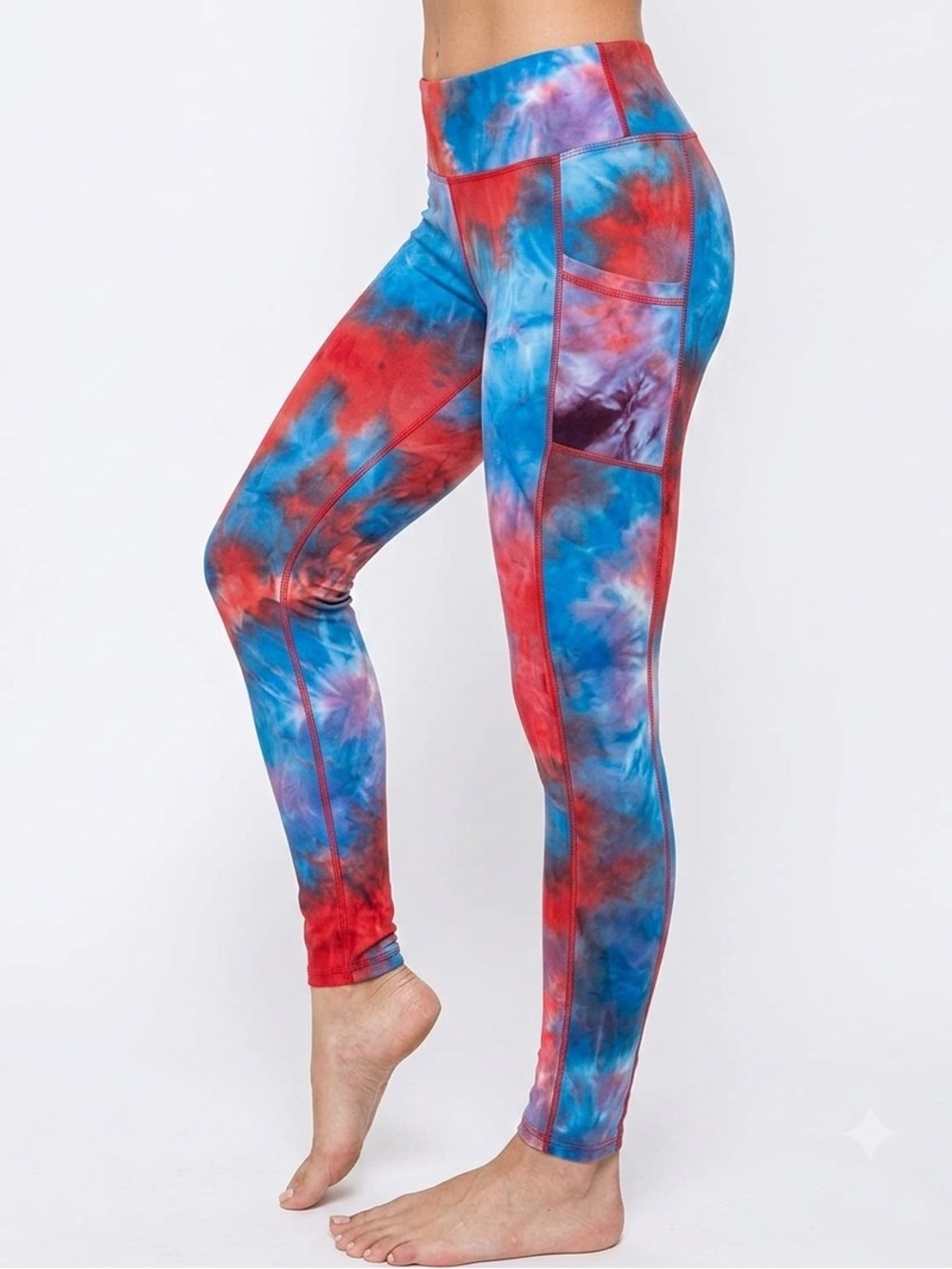 Women’s 1XL Tie-Dye Active Leggings - Red & Blue not see through w pockets